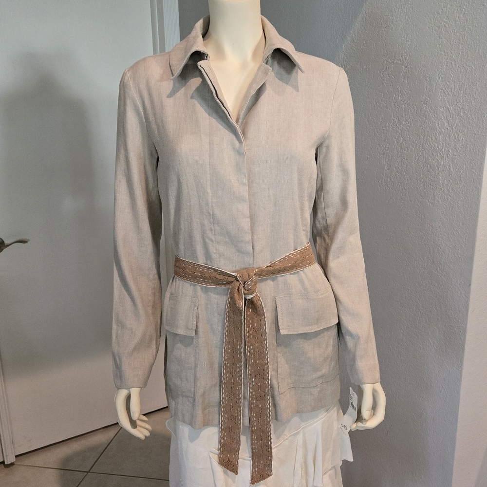 CHAIKEN Linen Savanna Womens Sand Reversible Belt Flap Pocket Jacket Size 6